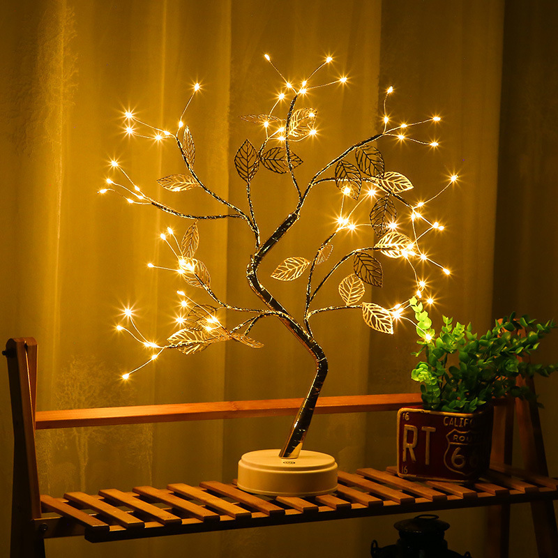Luminária Arvore LED Folhas Dourada para Casa Decoração do Quarto Iluminação de Mesa de Cabeceira