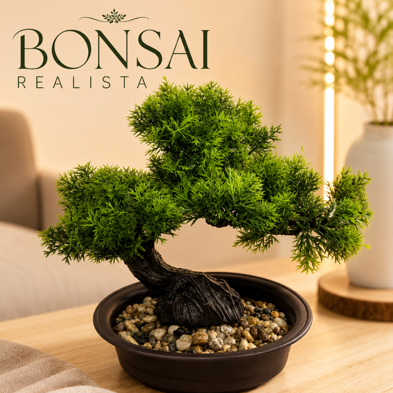 Bonsai Artificial Decoração Zen Planta Realista Dragão Verde Vaso Escuro com Pedras