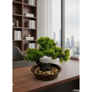 Bonsai Artificial Decoração Zen Planta Realista Dragão Verde Vaso Escuro com Pedras